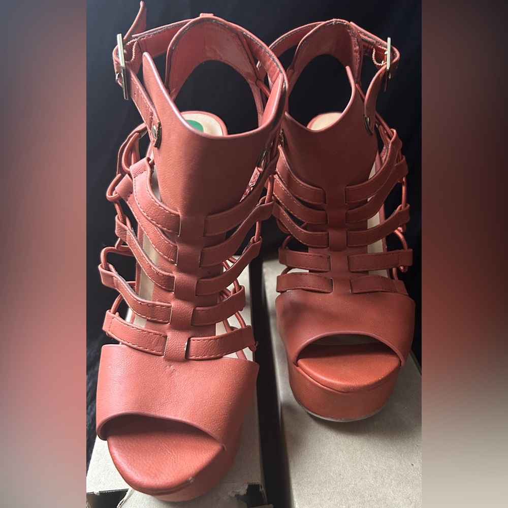 Speed Limit 98 Burnt Orange Strappy Heels - Picture 2 of 8